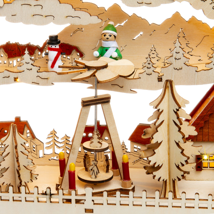 SIKORA LB76 beleuchteter LED Holz Schwibbogen Deko Lichterbogen Motiv Winterdorf mit Weihnachtspyramide und Laterne inkl. Netzteil