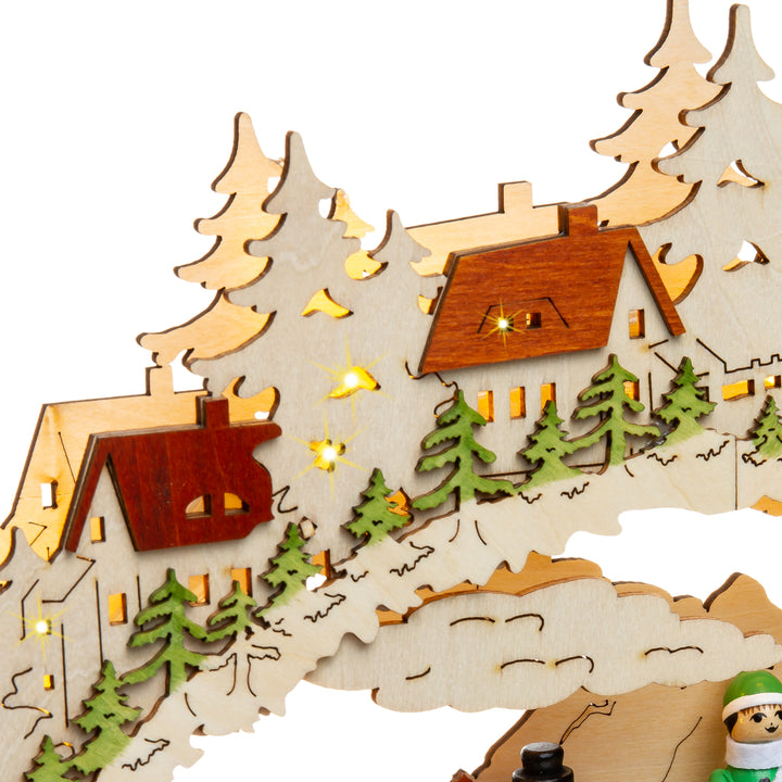 SIKORA LB76 beleuchteter LED Holz Schwibbogen Deko Lichterbogen Motiv Winterdorf mit Weihnachtspyramide und Laterne inkl. Netzteil