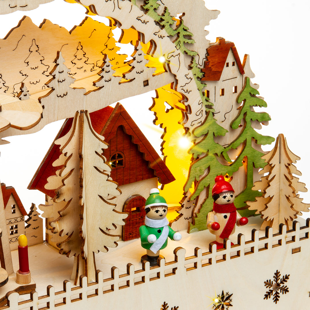 SIKORA LB76 beleuchteter LED Holz Schwibbogen Deko Lichterbogen Motiv Winterdorf mit Weihnachtspyramide und Laterne inkl. Netzteil