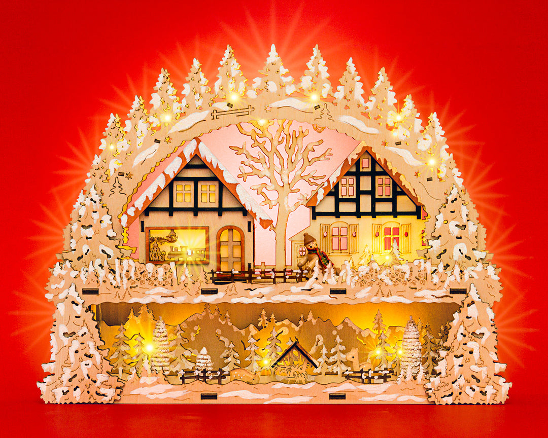 SIKORA LB65 Holz Schwibbogen beleuchteter LED Lichterbogen Motiv Winterdorf Waldszene Deko Weihnachten inkl. Netzteil Breite 43cm