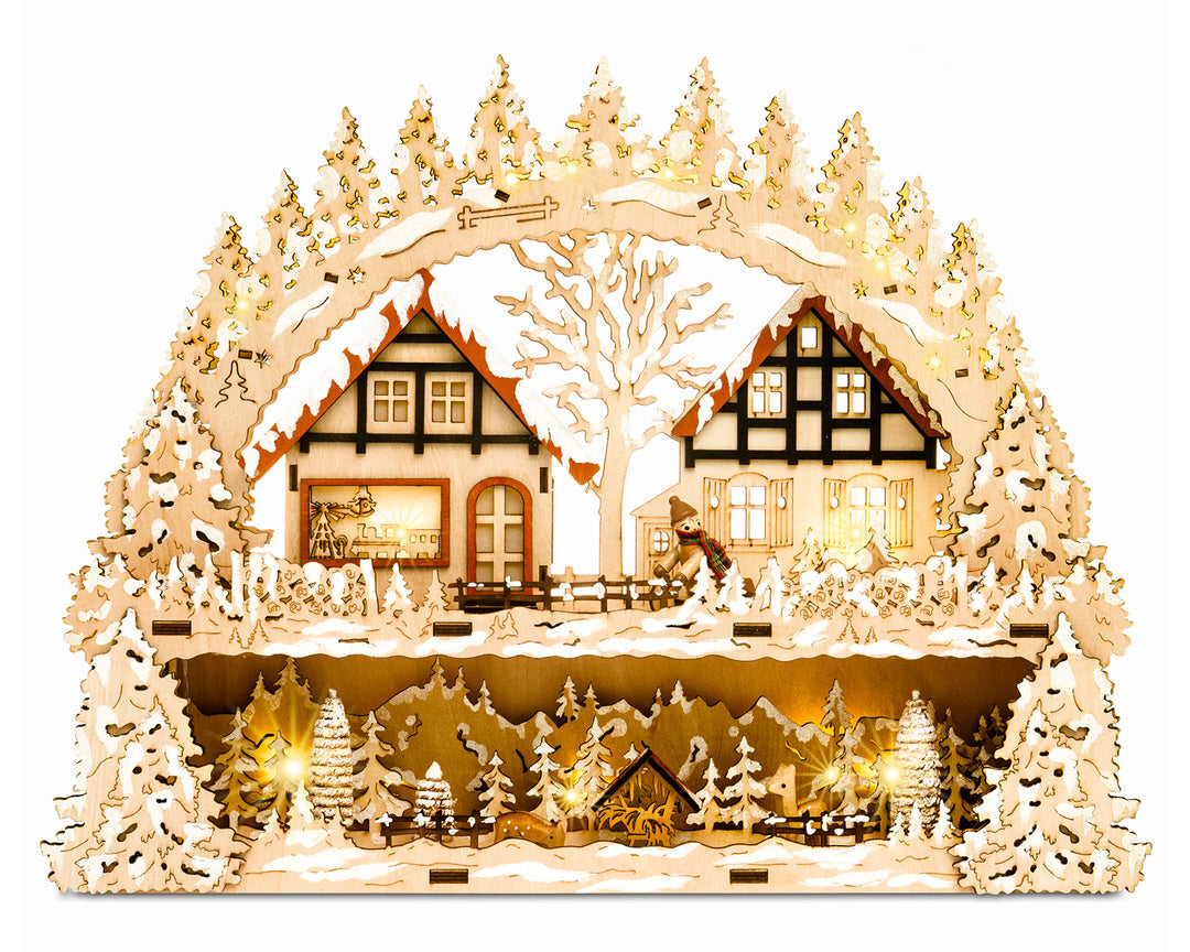 SIKORA LB65 Holz Schwibbogen beleuchteter LED Lichterbogen Motiv Winterdorf Waldszene Deko Weihnachten inkl. Netzteil Breite 43cm