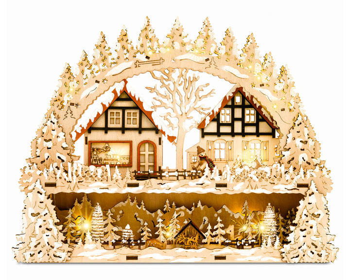 SIKORA LB65 Holz Schwibbogen beleuchteter LED Lichterbogen Motiv Winterdorf Waldszene Deko Weihnachten inkl. Netzteil Breite 43cm