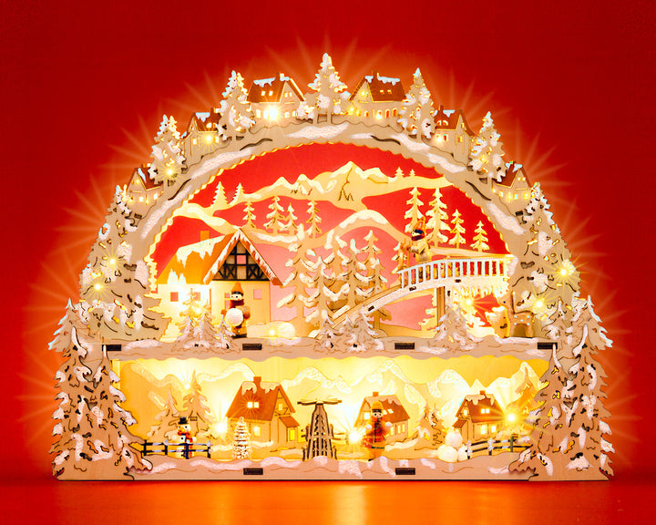 SIKORA LB78 Holz Schwibbogen beleuchteter LED Lichterbogen Motiv Winterdorf Schlittenbahn Deko Weihnachten inkl. Netzteil Breite 43cm