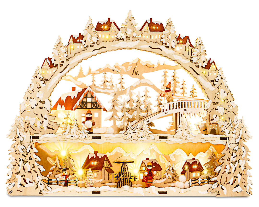 SIKORA LB78 Holz Schwibbogen beleuchteter LED Lichterbogen Motiv Winterdorf Schlittenbahn Deko Weihnachten inkl. Netzteil Breite 43cm