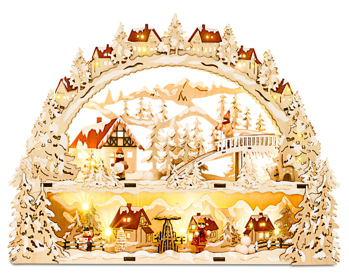 SIKORA LB78 Holz Schwibbogen beleuchteter LED Lichterbogen Motiv Winterdorf Schlittenbahn Deko Weihnachten inkl. Netzteil Breite 43cm