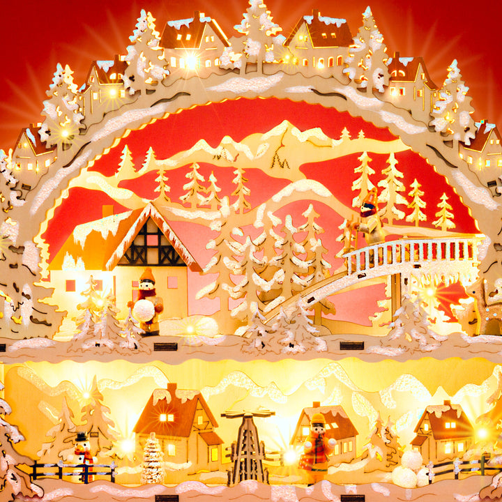 SIKORA LB78 Holz Schwibbogen beleuchteter LED Lichterbogen Motiv Winterdorf Schlittenbahn Deko Weihnachten inkl. Netzteil Breite 43cm