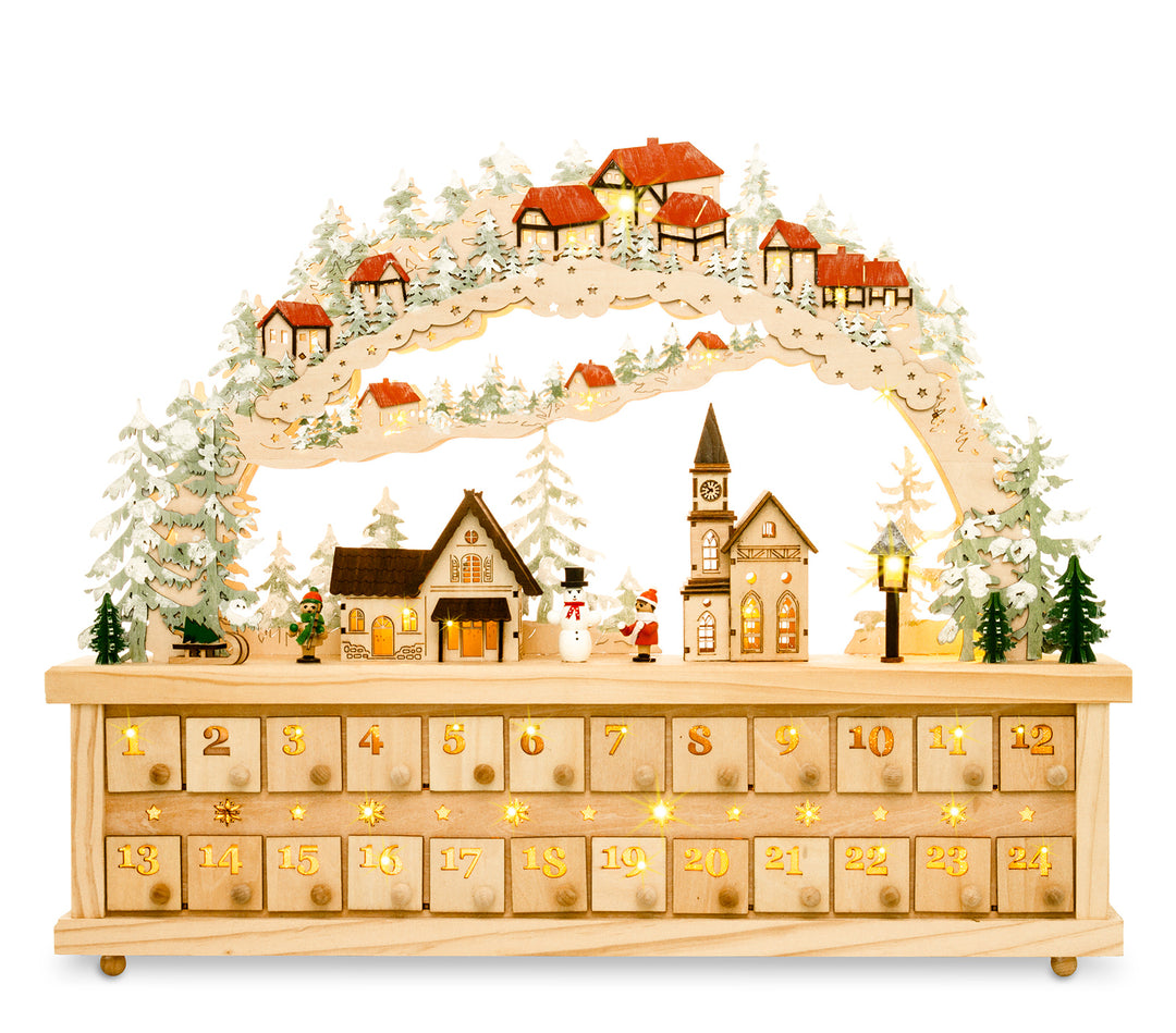 SIKORA LB80 XXL Holz LED Schwibbogen Adventskalender mit kleinen beleuchteten Schubkästchen zum Befüllen
