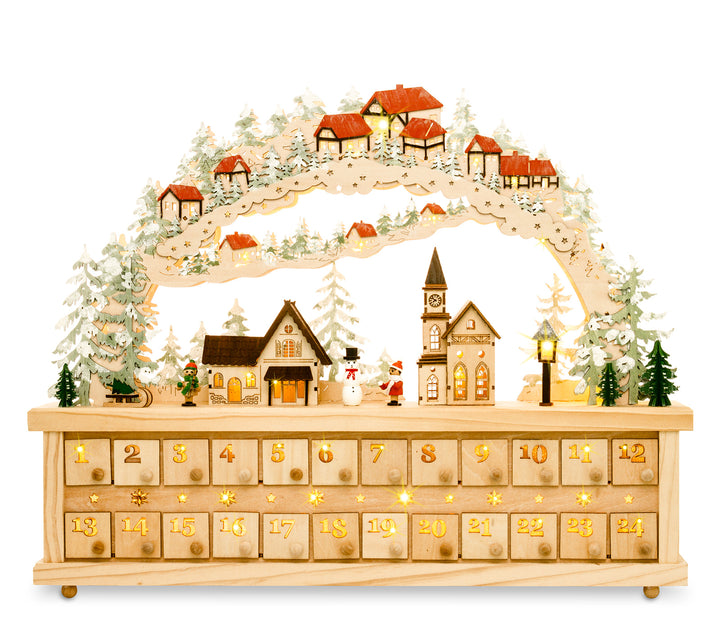 SIKORA LB80 XXL Holz LED Schwibbogen Adventskalender mit kleinen beleuchteten Schubkästchen zum Befüllen