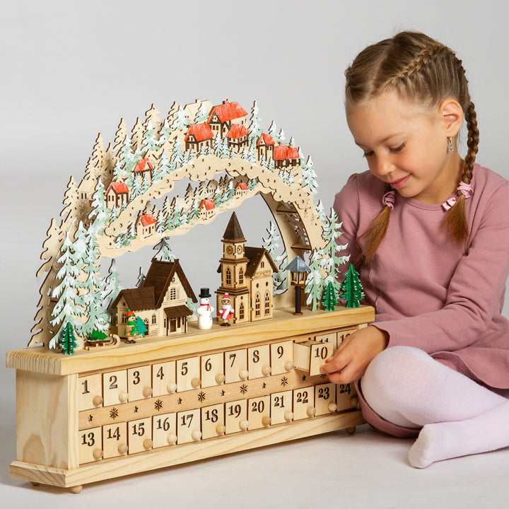 SIKORA LB80 XXL Holz LED Schwibbogen Adventskalender mit kleinen beleuchteten Schubkästchen zum Befüllen