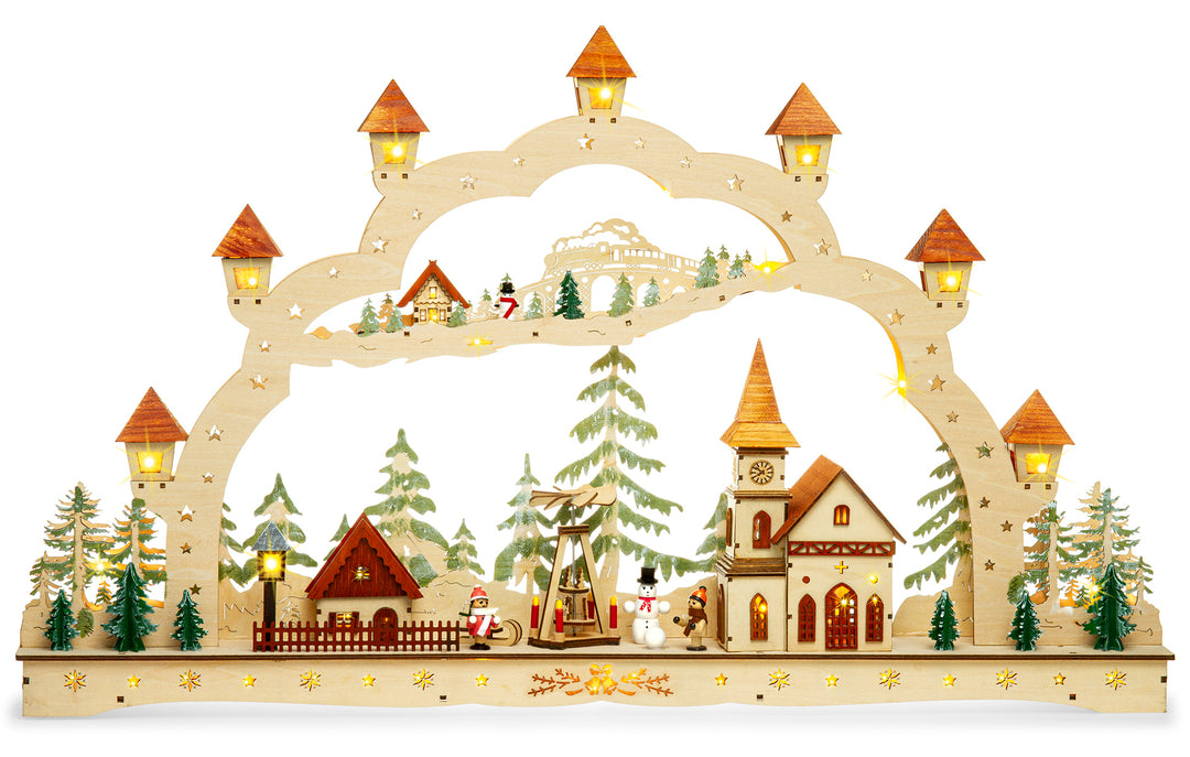SIKORA LB90 XXXL Schwibbogen wundervoller Holz LED Lichterbogen inkl Netzteil Weihnachten Deko Motiv Winterdorf Pyramide Breite 78 cm