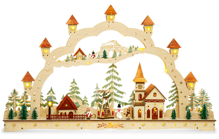 SIKORA LB90 XXXL Schwibbogen wundervoller Holz LED Lichterbogen inkl Netzteil Weihnachten Deko Motiv Winterdorf Pyramide Breite 78 cm