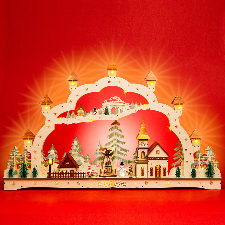 SIKORA LB90 XXXL Schwibbogen wundervoller Holz LED Lichterbogen inkl Netzteil Weihnachten Deko Motiv Winterdorf Pyramide Breite 78 cm