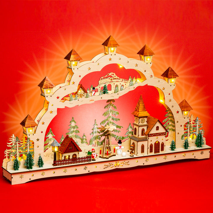 SIKORA LB90 XXXL Schwibbogen wundervoller Holz LED Lichterbogen inkl Netzteil Weihnachten Deko Motiv Winterdorf Pyramide Breite 78 cm