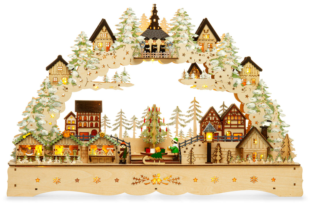 SIKORA LB92 beleuchteter LED XL Holz Schwibbogen WEIHNACHTSDORF SEIFFEN mit Spieluhr inklusive Trafo