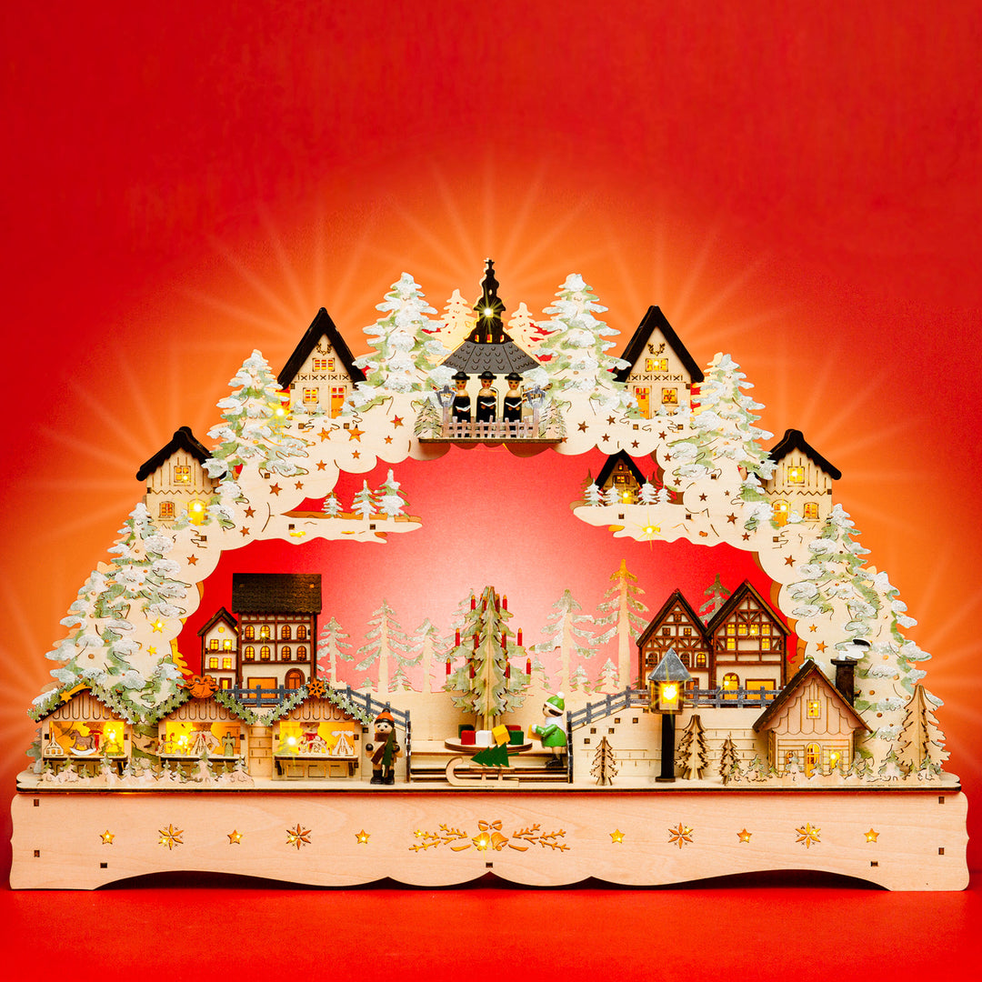 SIKORA LB92 beleuchteter LED XL Holz Schwibbogen WEIHNACHTSDORF SEIFFEN mit Spieluhr inklusive Trafo
