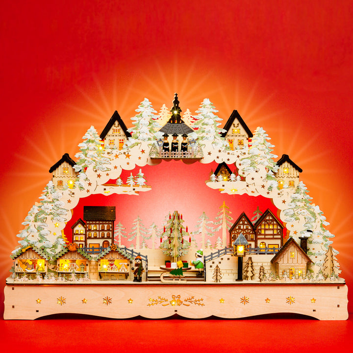 SIKORA LB92 beleuchteter LED XL Holz Schwibbogen WEIHNACHTSDORF SEIFFEN mit Spieluhr inklusive Trafo