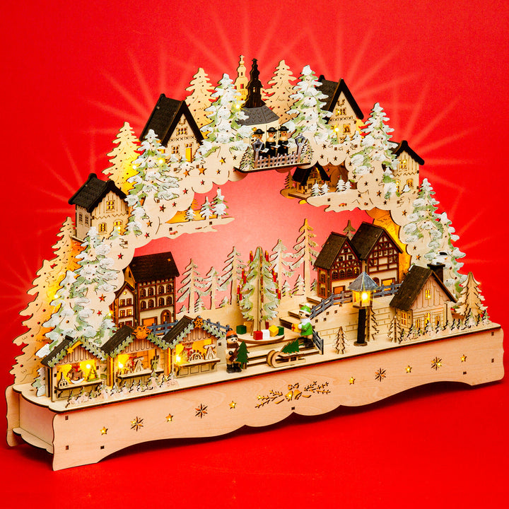 SIKORA LB92 beleuchteter LED XL Holz Schwibbogen WEIHNACHTSDORF SEIFFEN mit Spieluhr inklusive Trafo