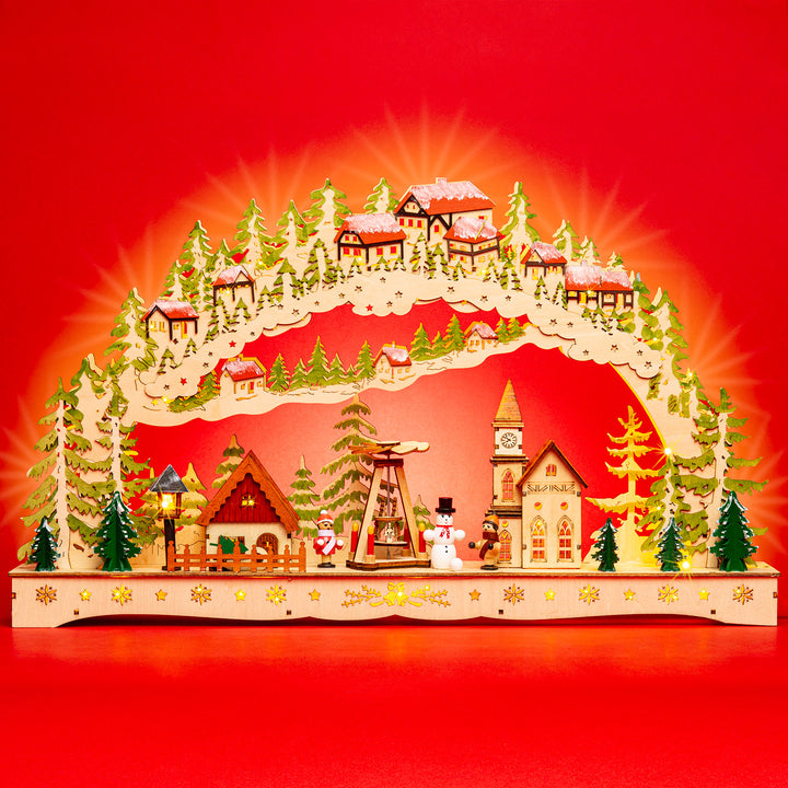 SIKORA LB91 großer Holz LED Schwibbogen WINTERDORF inklusive Trafo