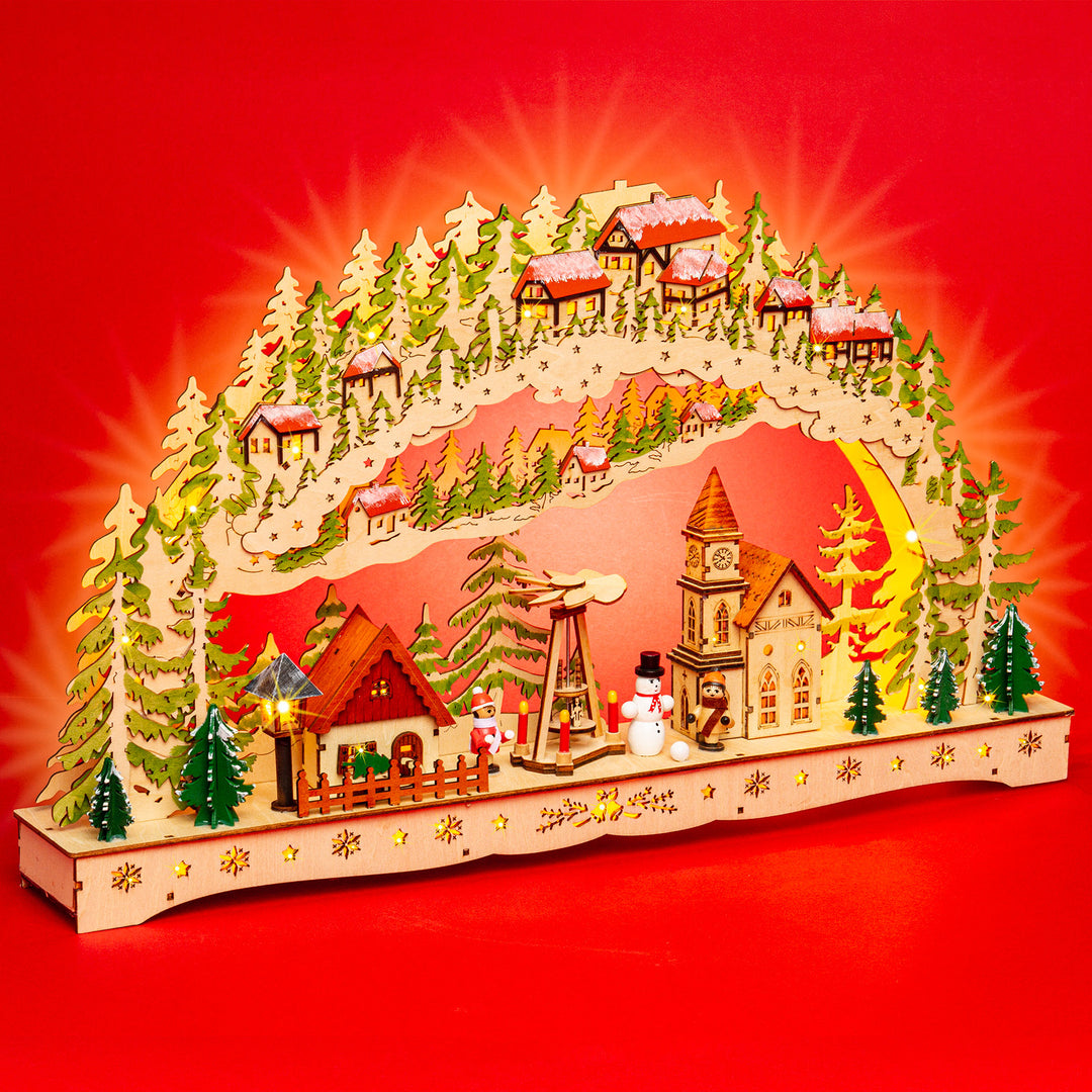 SIKORA LB91 großer Holz LED Schwibbogen WINTERDORF inklusive Trafo