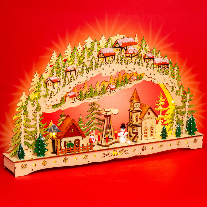 SIKORA LB91 großer Holz LED Schwibbogen WINTERDORF inklusive Trafo
