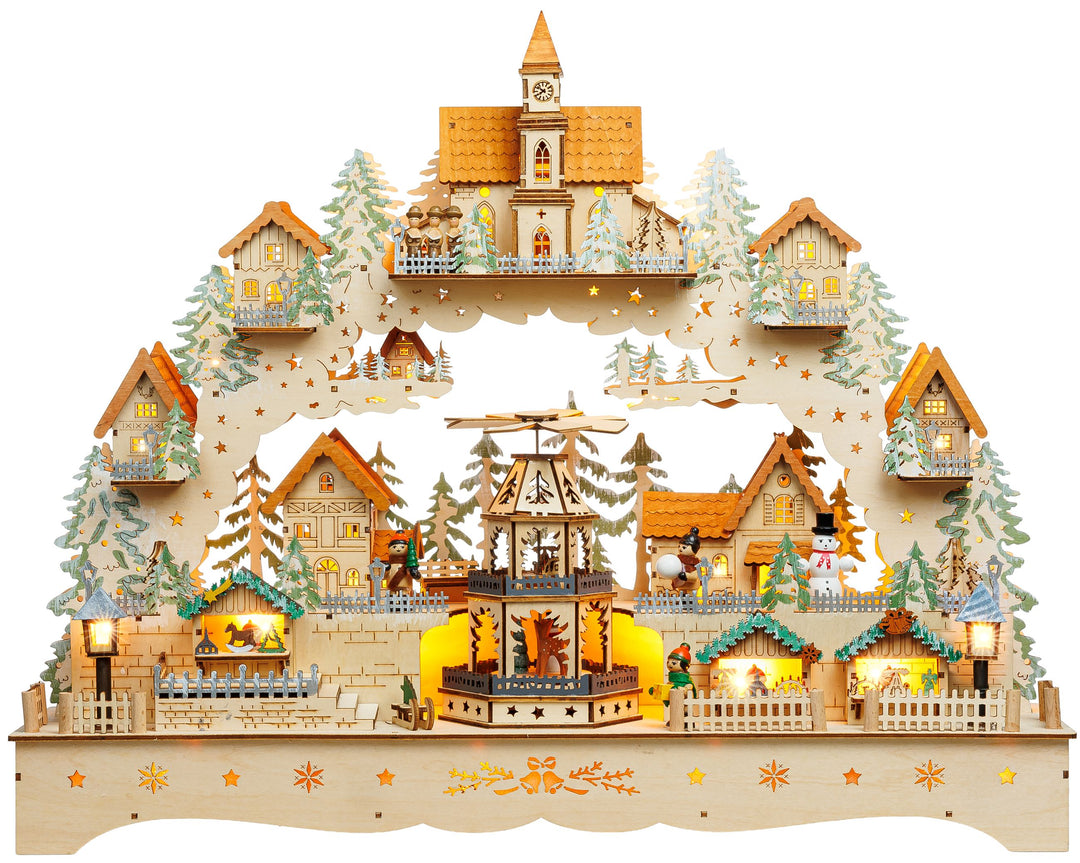 SIKORA LB14 beleuchteter LED XXL Holz Schwibbogen Weihnachtsdorf mit drehender XL Pyramide Lichterbogen inklusive Netzteil