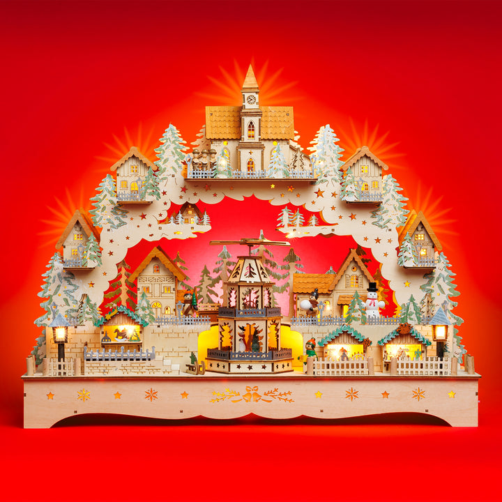 SIKORA LB14 beleuchteter LED XXL Holz Schwibbogen Weihnachtsdorf mit drehender XL Pyramide Lichterbogen inklusive Netzteil