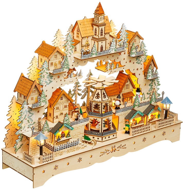 SIKORA LB14 beleuchteter LED XXL Holz Schwibbogen Weihnachtsdorf mit drehender XL Pyramide Lichterbogen inklusive Netzteil