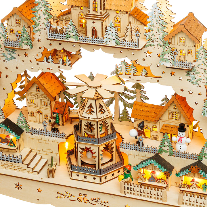 SIKORA LB14 beleuchteter LED XXL Holz Schwibbogen Weihnachtsdorf mit drehender XL Pyramide Lichterbogen inklusive Netzteil