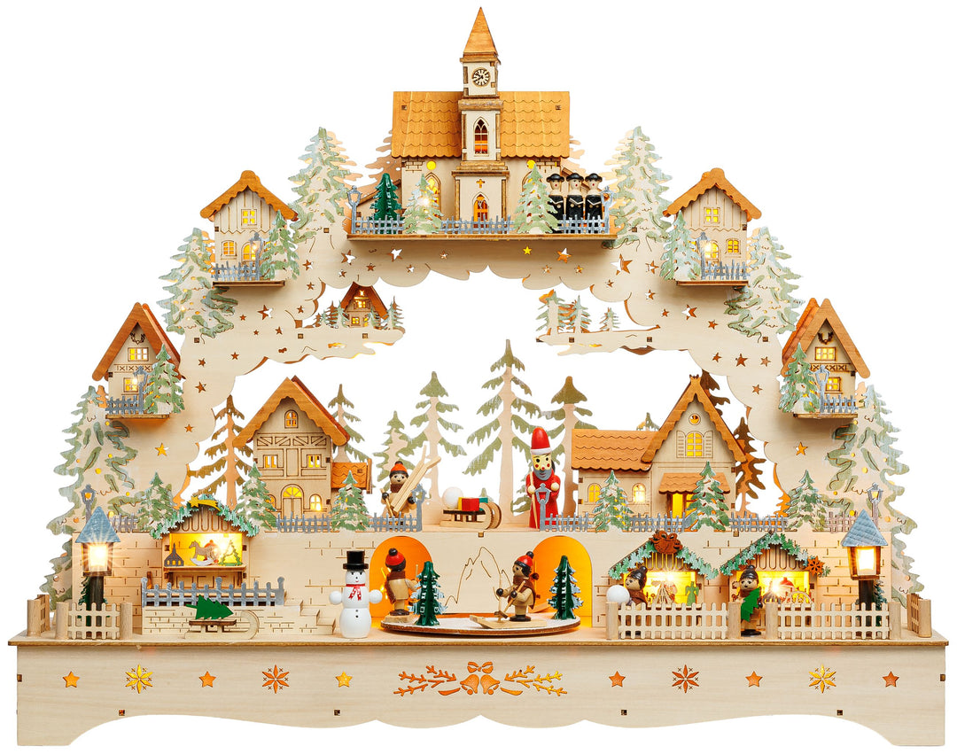 SIKORA LB15  beleuchteter LED XXL Holz Schwibbogen Weihnachtsdorf mit drehender Plattform Lichterbogen inklusive Netzteil