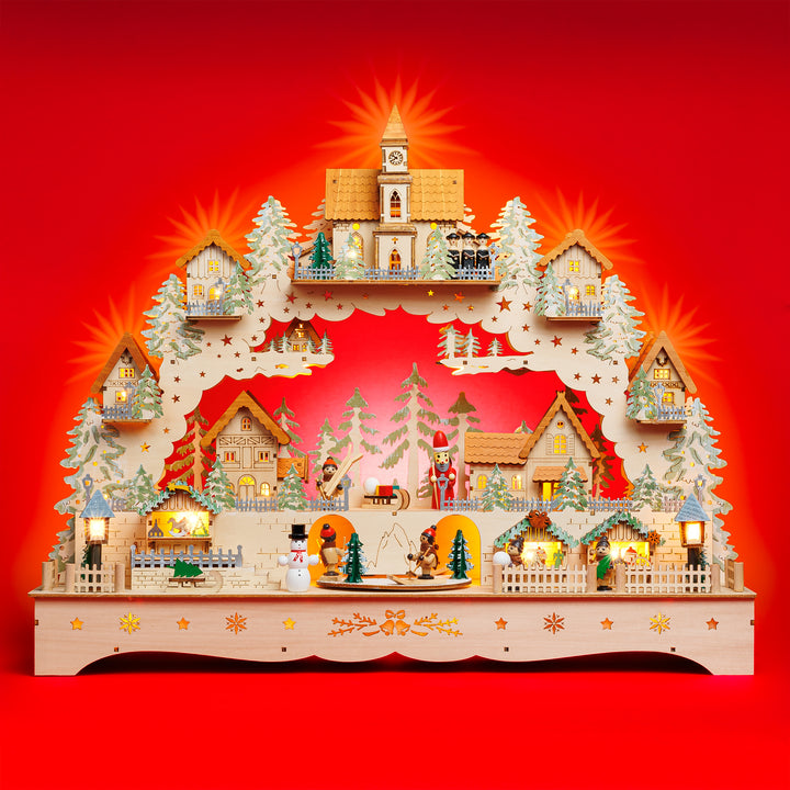 SIKORA LB15  beleuchteter LED XXL Holz Schwibbogen Weihnachtsdorf mit drehender Plattform Lichterbogen inklusive Netzteil
