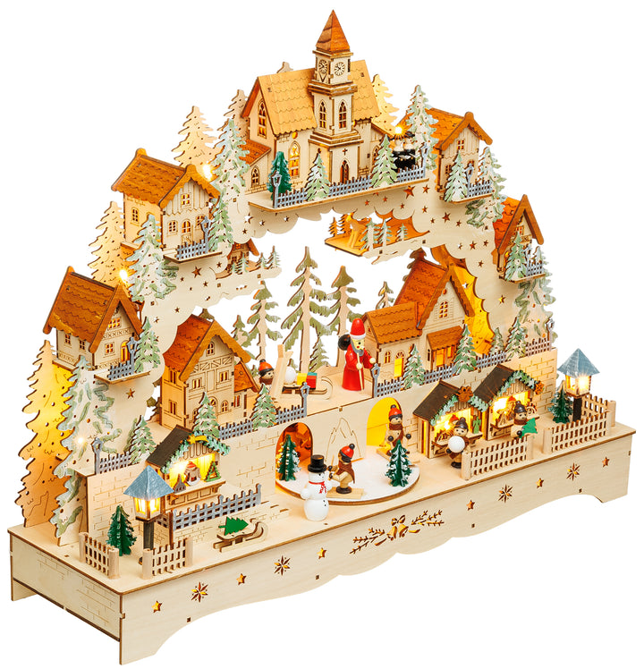 SIKORA LB15  beleuchteter LED XXL Holz Schwibbogen Weihnachtsdorf mit drehender Plattform Lichterbogen inklusive Netzteil