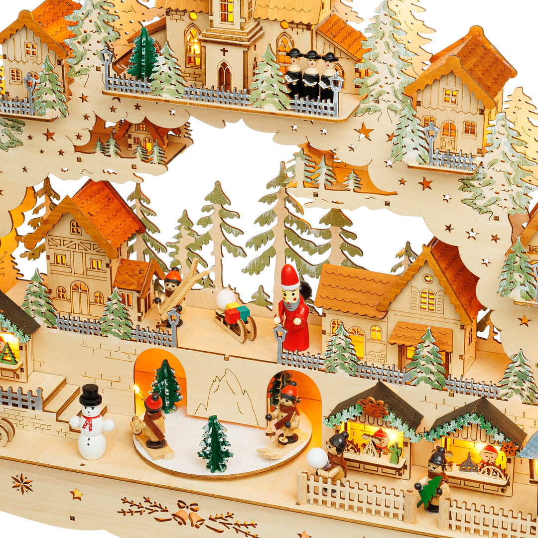 SIKORA LB15  beleuchteter LED XXL Holz Schwibbogen Weihnachtsdorf mit drehender Plattform Lichterbogen inklusive Netzteil