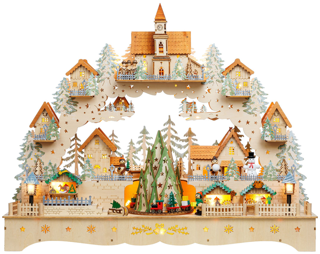 SIKORA LB18 beleuchteter LED XXL Holz Schwibbogen Weihnachtsdorf mit drehendem XL Baum Lichterbogen inklusive Netzteil