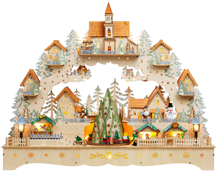 SIKORA LB18 beleuchteter LED XXL Holz Schwibbogen Weihnachtsdorf mit drehendem XL Baum Lichterbogen inklusive Netzteil