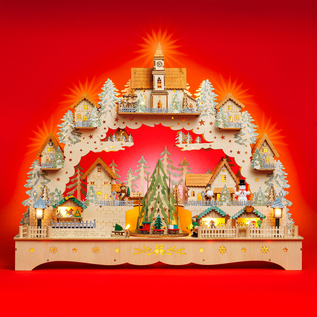 SIKORA LB18 beleuchteter LED XXL Holz Schwibbogen Weihnachtsdorf mit drehendem XL Baum Lichterbogen inklusive Netzteil