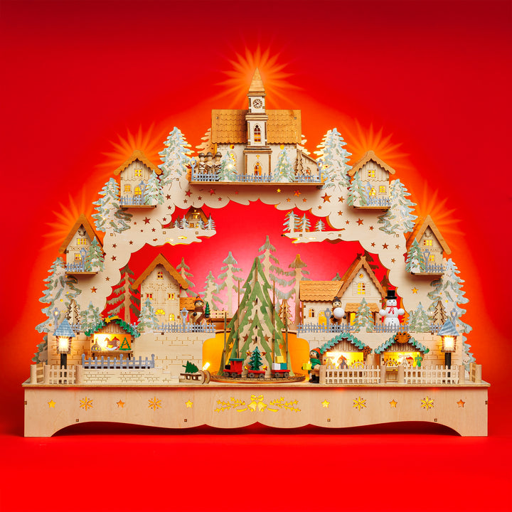 SIKORA LB18 beleuchteter LED XXL Holz Schwibbogen Weihnachtsdorf mit drehendem XL Baum Lichterbogen inklusive Netzteil