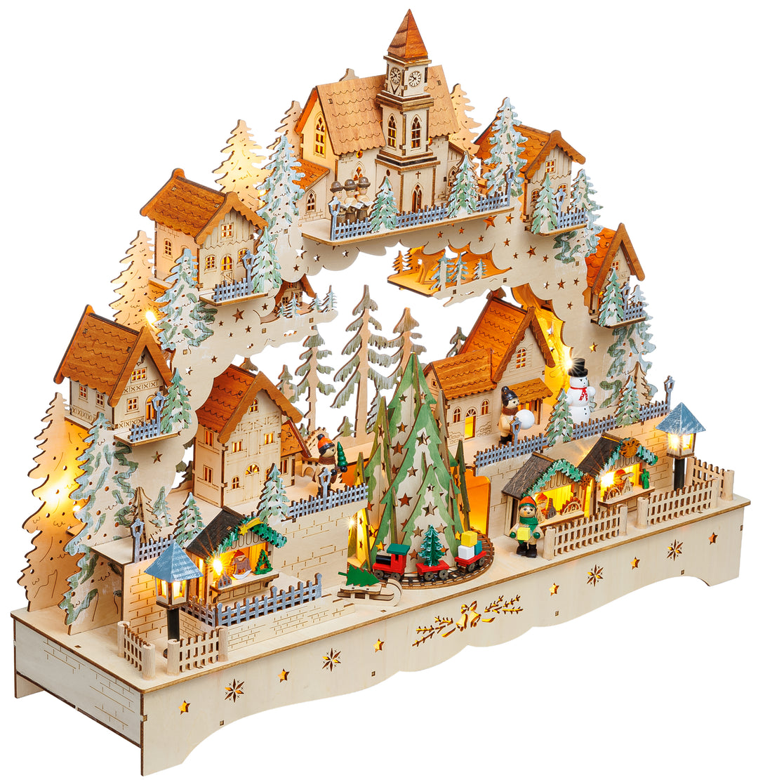 SIKORA LB18 beleuchteter LED XXL Holz Schwibbogen Weihnachtsdorf mit drehendem XL Baum Lichterbogen inklusive Netzteil