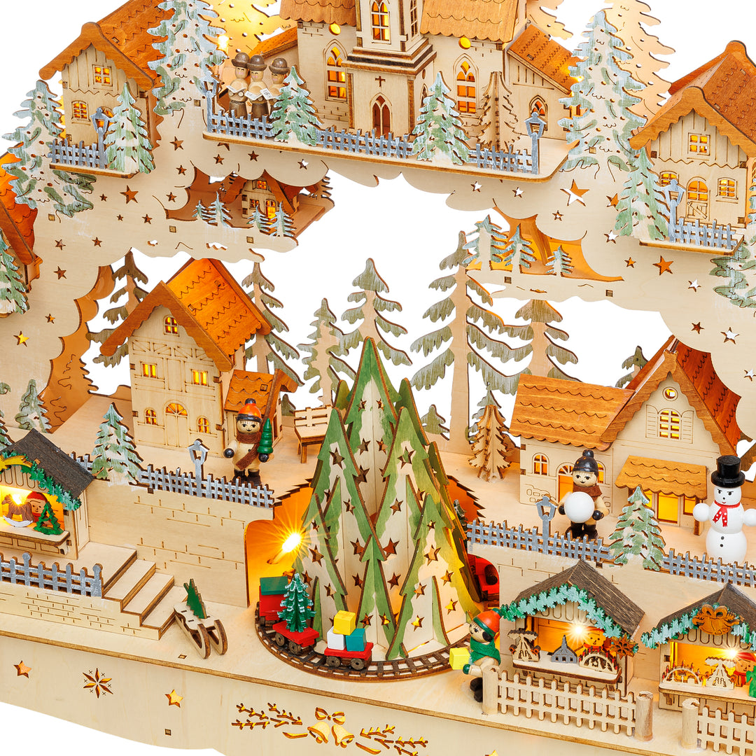 SIKORA LB18 beleuchteter LED XXL Holz Schwibbogen Weihnachtsdorf mit drehendem XL Baum Lichterbogen inklusive Netzteil