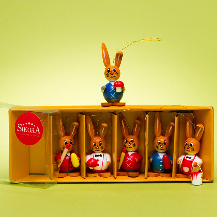 SIKORA OD07 Osterdeko Osterhasen Figuren aus Holz zum Aufhängen 6er Set H: 6 cm