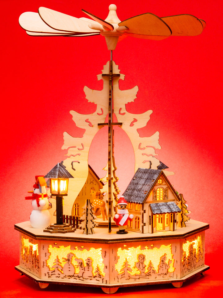 SIKORA P33 LED Holz Weihnachtspyramide mit elektrischem Antrieb und beleuchteten Kerzen und Sockel Pyramide Weihnachten Deko