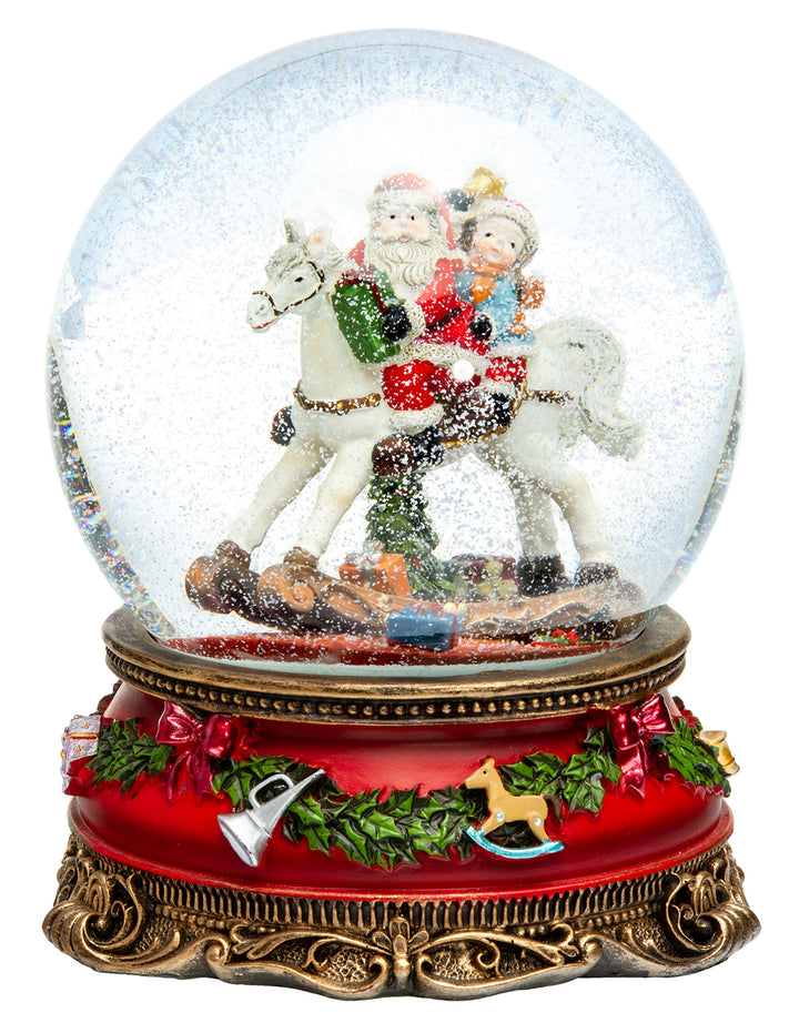 SIKORA SK19 Große XL Glas Deko Schneekugel Weihnachtsmann auf dem Schaukelpferd D:150mm mit Spieldose