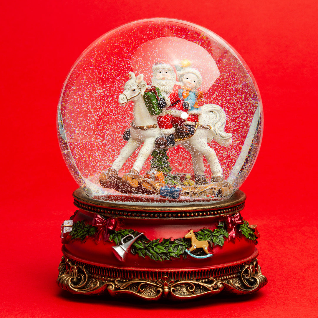 SIKORA SK19 Große XL Glas Deko Schneekugel Weihnachtsmann auf dem Schaukelpferd D:150mm mit Spieldose