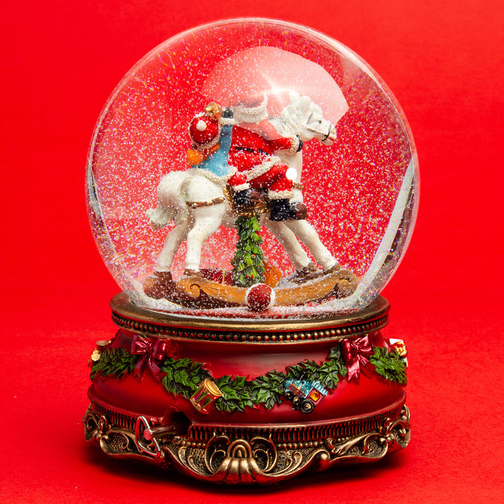 SIKORA SK19 Große XL Glas Deko Schneekugel Weihnachtsmann auf dem Schaukelpferd D:150mm mit Spieldose