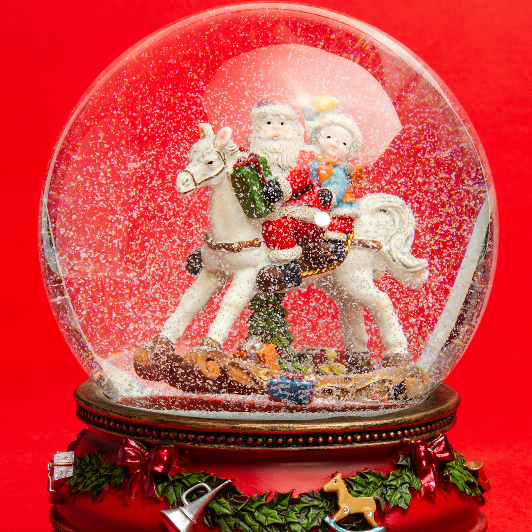 SIKORA SK19 Große XL Glas Deko Schneekugel Weihnachtsmann auf dem Schaukelpferd D:150mm mit Spieldose