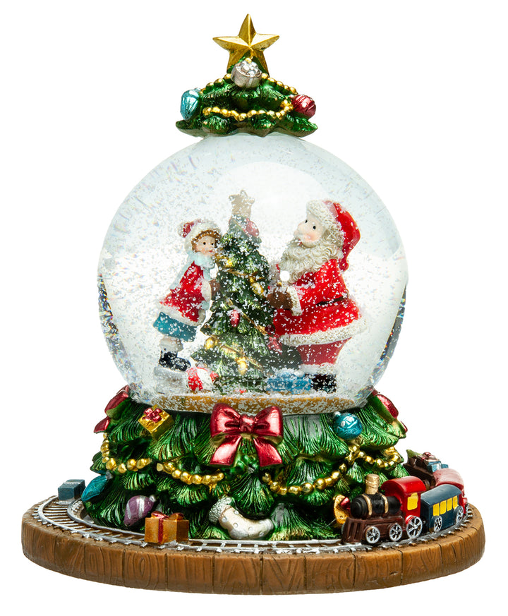 SIKORA SK18 Große Deko Glas Schneekugel Weihnachtsmann am Baum mit Stern und fahrendem Zug D:100mm und aufziehbarer Spieldose
