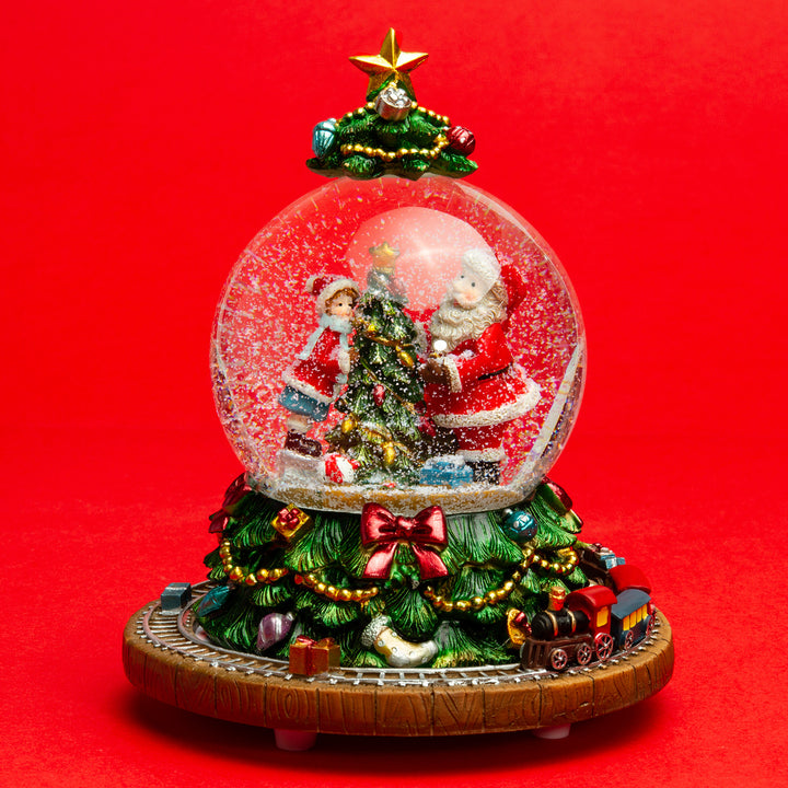SIKORA SK18 Große Deko Glas Schneekugel Weihnachtsmann am Baum mit Stern und fahrendem Zug D:100mm und aufziehbarer Spieldose