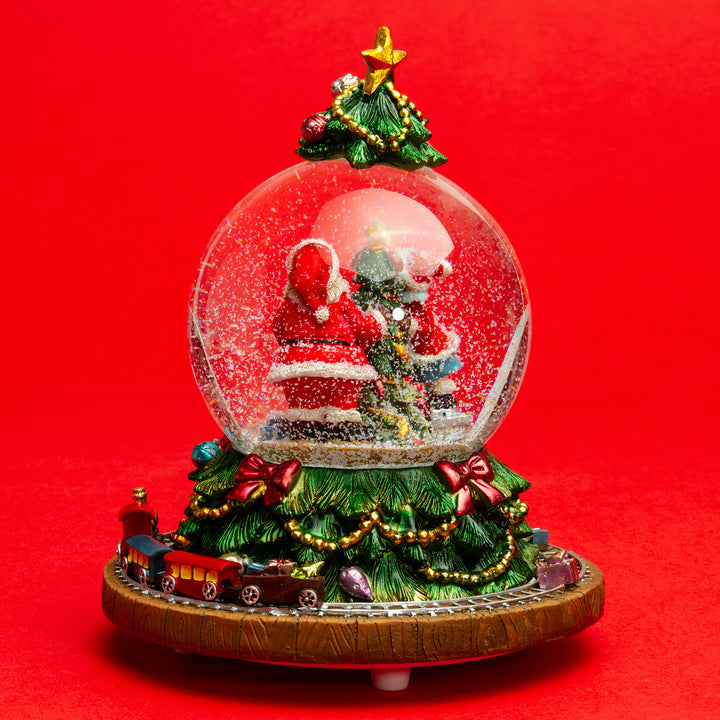 SIKORA SK18 Große Deko Glas Schneekugel Weihnachtsmann am Baum mit Stern und fahrendem Zug D:100mm und aufziehbarer Spieldose