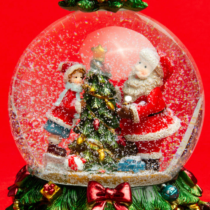 SIKORA SK18 Große Deko Glas Schneekugel Weihnachtsmann am Baum mit Stern und fahrendem Zug D:100mm und aufziehbarer Spieldose