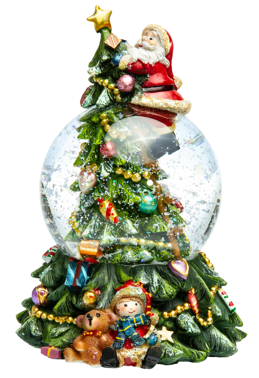 SIKORA SK17 Große Glas Deko Schneekugel Weihnachtsmann auf dem Weihnachtsbaum D:100mm mit aufziehbarer Spieldose