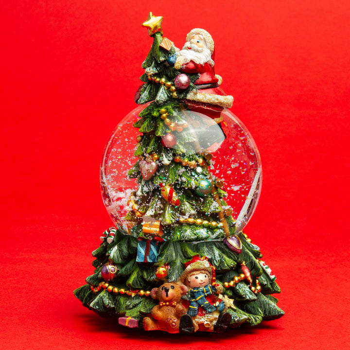 SIKORA SK17 Große Glas Deko Schneekugel Weihnachtsmann auf dem Weihnachtsbaum D:100mm mit aufziehbarer Spieldose